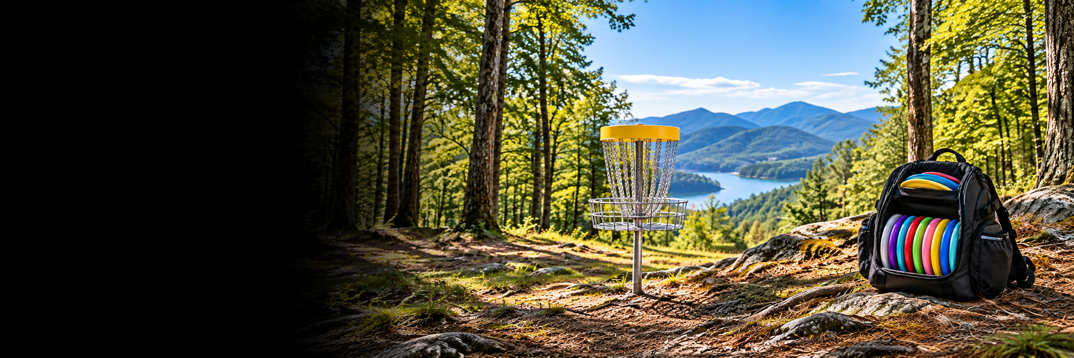 Disc golf basket overlooking a mountain lake beside a bag of colorful discs